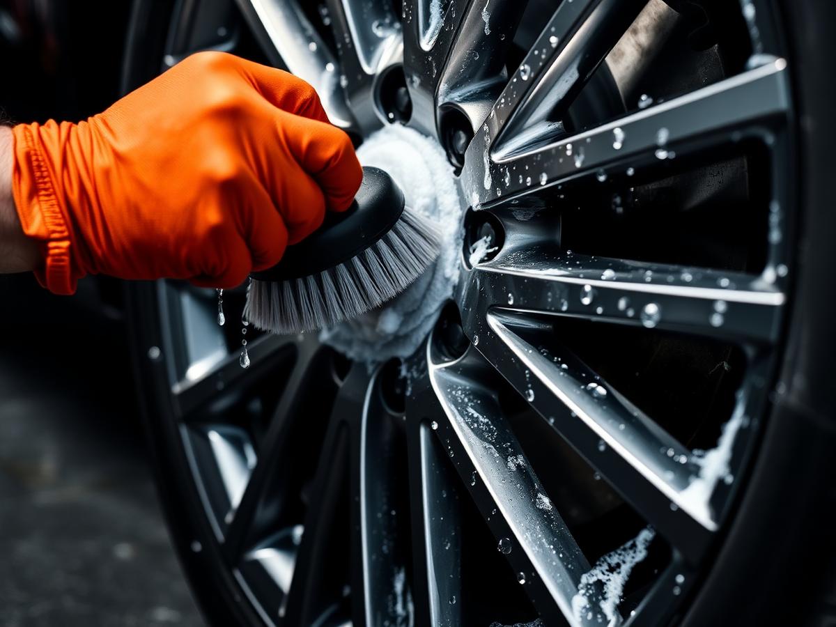 Detail brush cleaning an alloy wheel rim during a mobile car wash