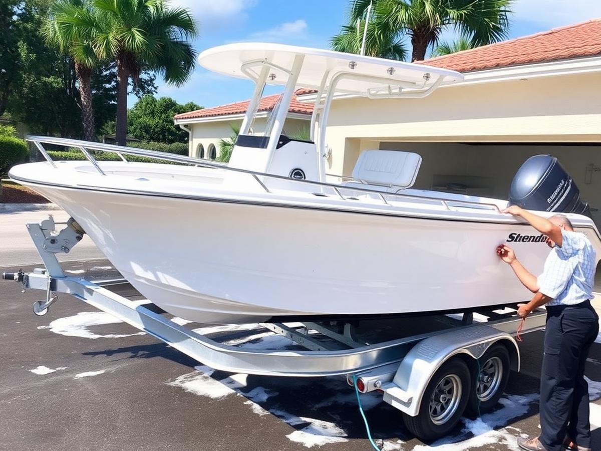 Boat on a trailer being washed and detailed in a Jacksonville driveway