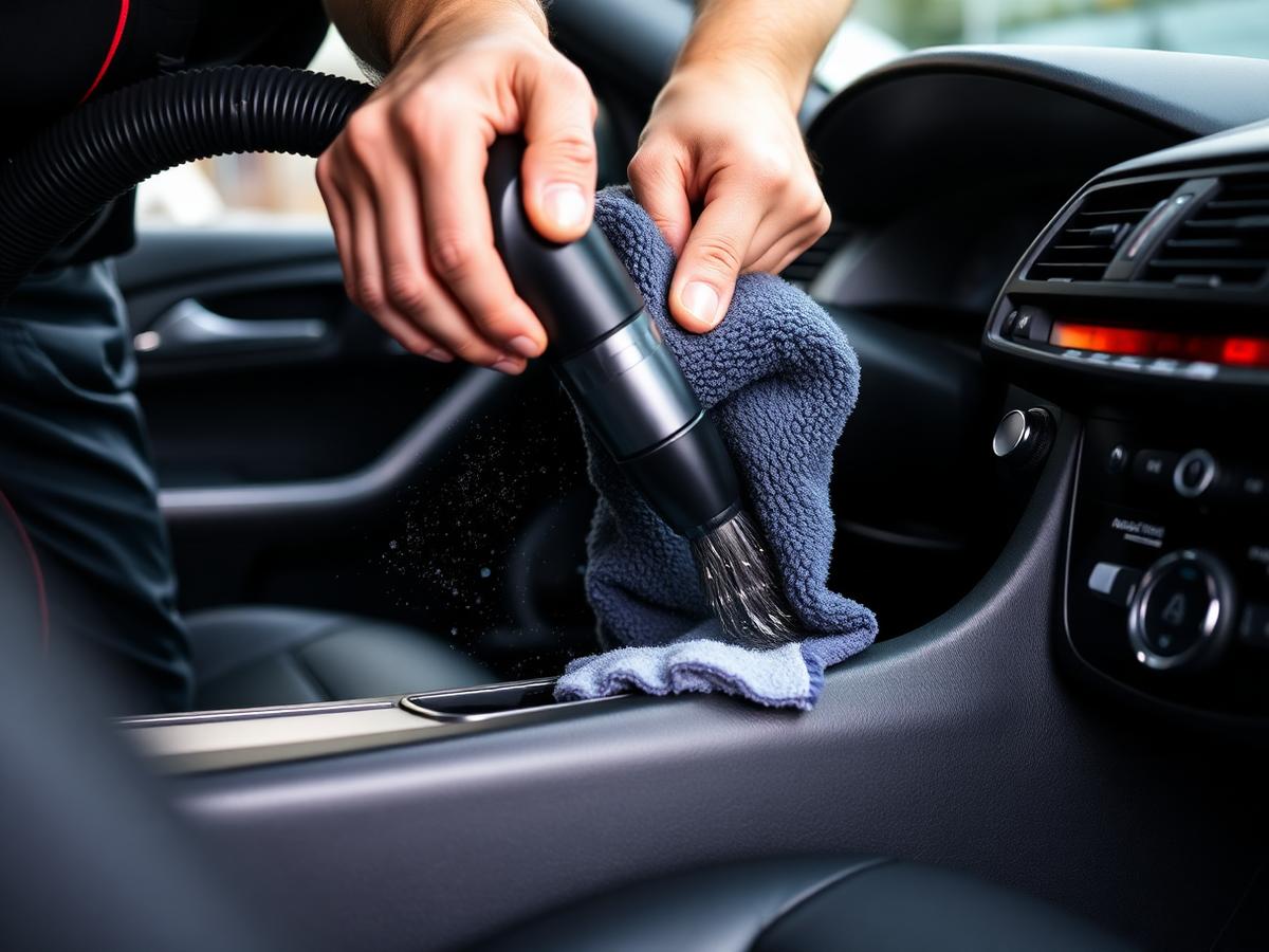 Interior car detailing with a vacuum on leather seats in Jacksonville