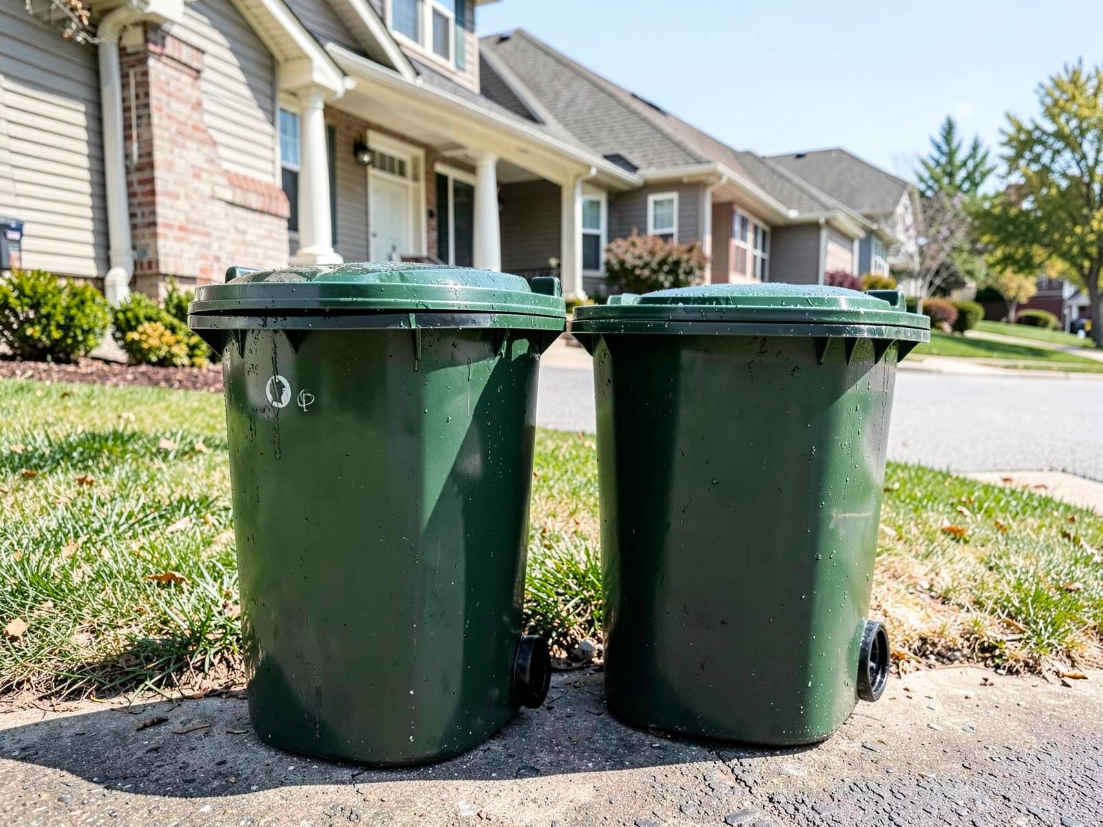 Two freshly sanitized green garbage bins drying at a Jacksonville curbside after cleaning