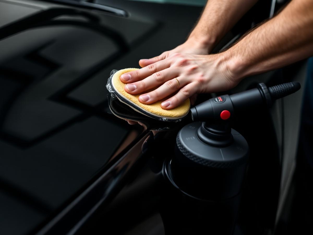 Hand waxing and polishing a black car for paint protection in Jacksonville