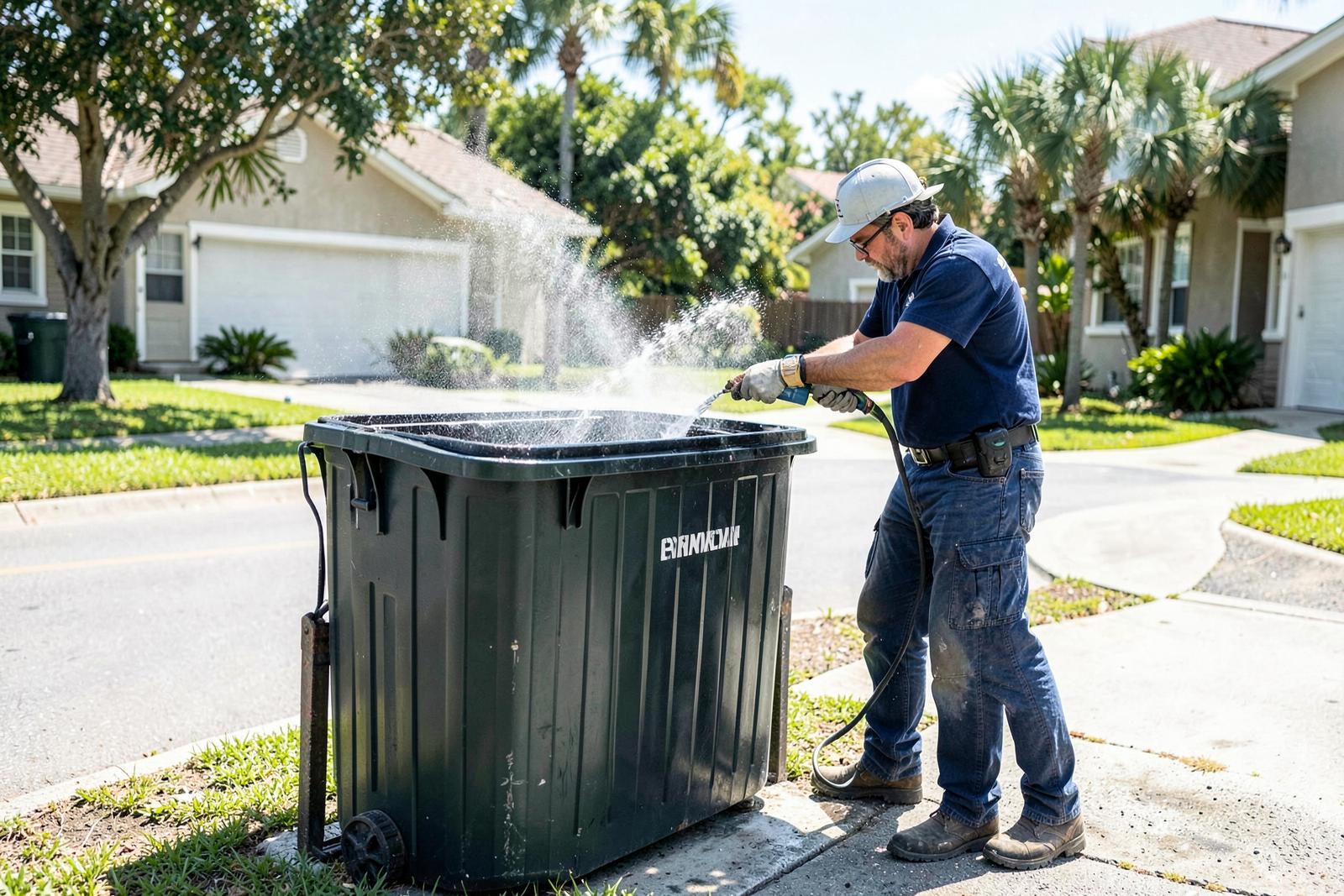 Technician pressure washing a residential trash can at the curb of a Jacksonville home